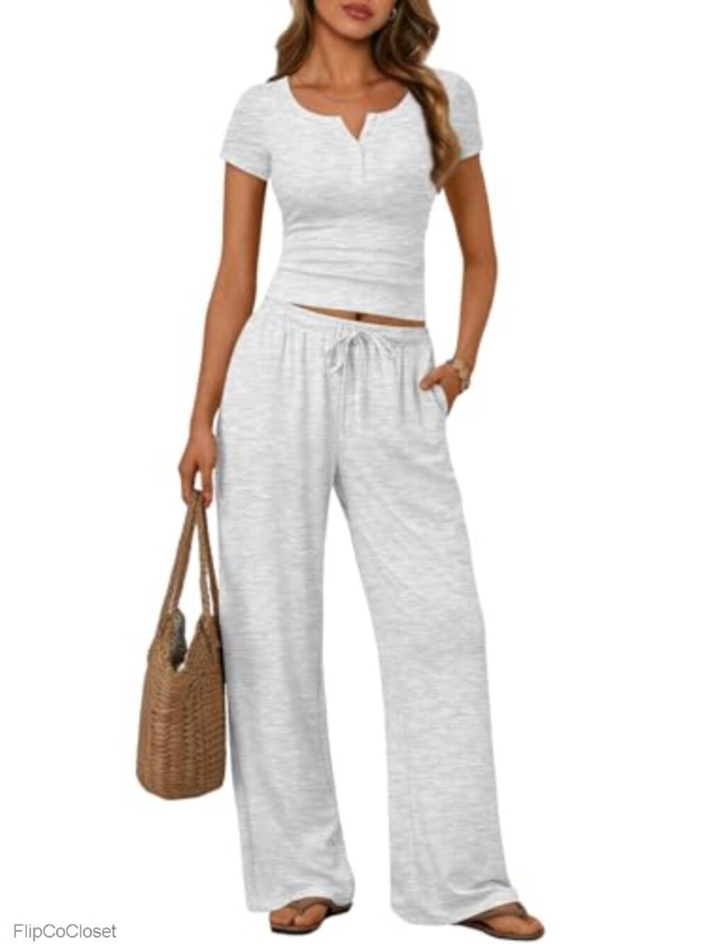 Women's 2 Piece Lounge Set with Pockets, Short Sleeve Henley Crop Top and Pants